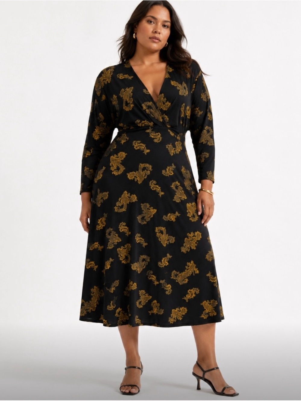 MONSOON Black & Gold Paisley Wrap Midi Dress Size US10